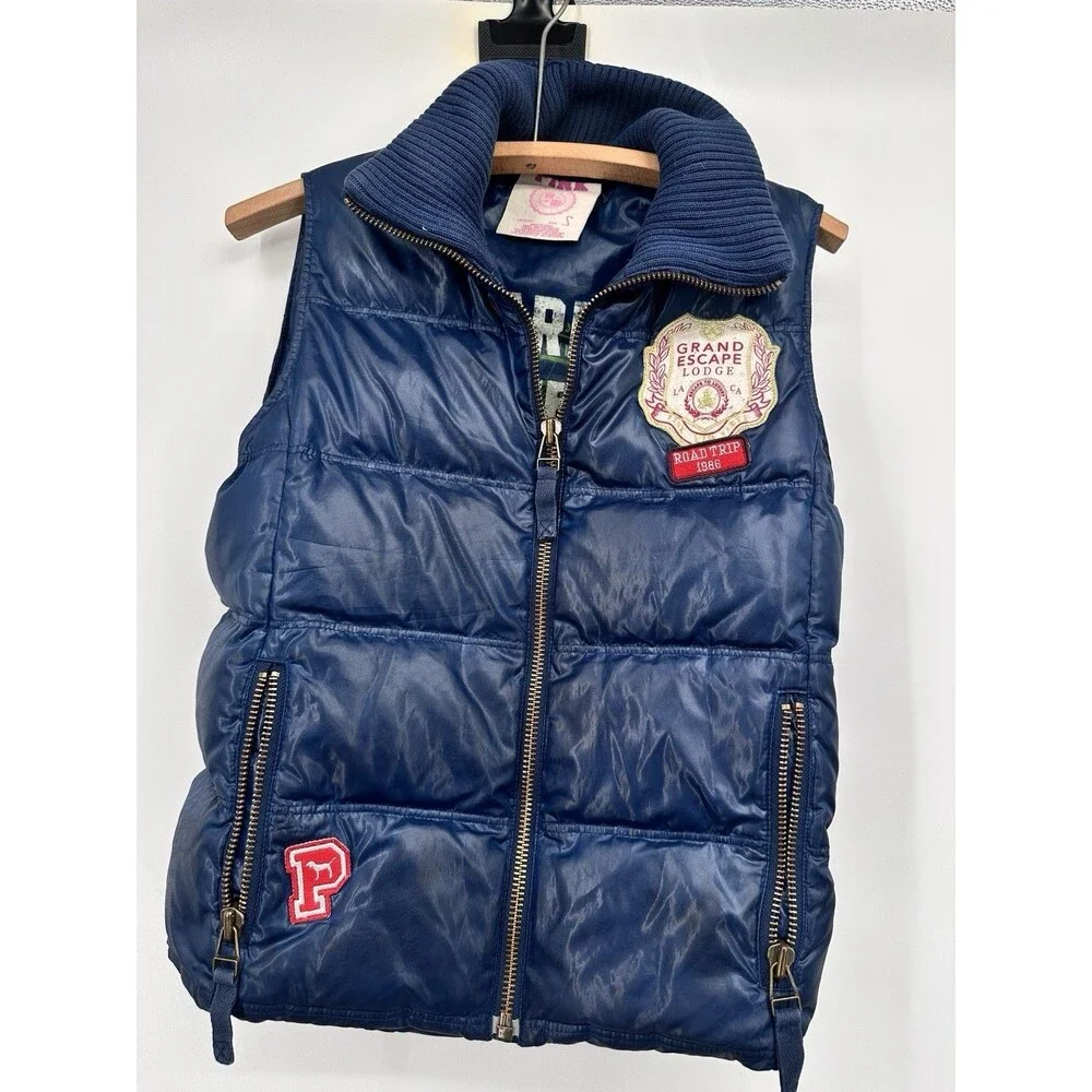 Victoria Secret Pink Trustees Of The University Puffer Vest Navy Blue S Y2K‎ Vtg